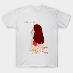 Empowerment & Elegance: 'Happy Singles Day' with Chic Lipstick Girl & Floral Accents T-Shirt